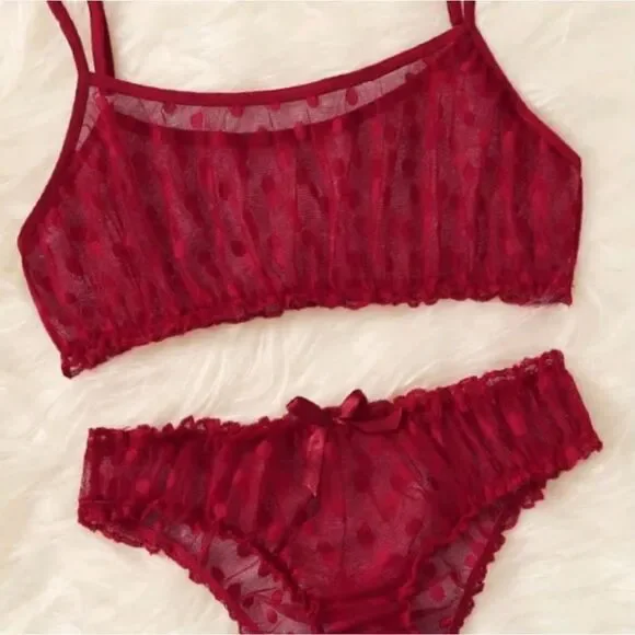 Red Polka Dot Lingerie Set • Mesh Bikini Style Lingerie Outfit - Picture 9 of 11